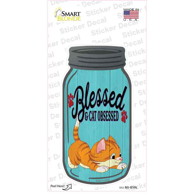 Blessed Cat Obsessed Blue Novelty Mason Jar Sticker Decal