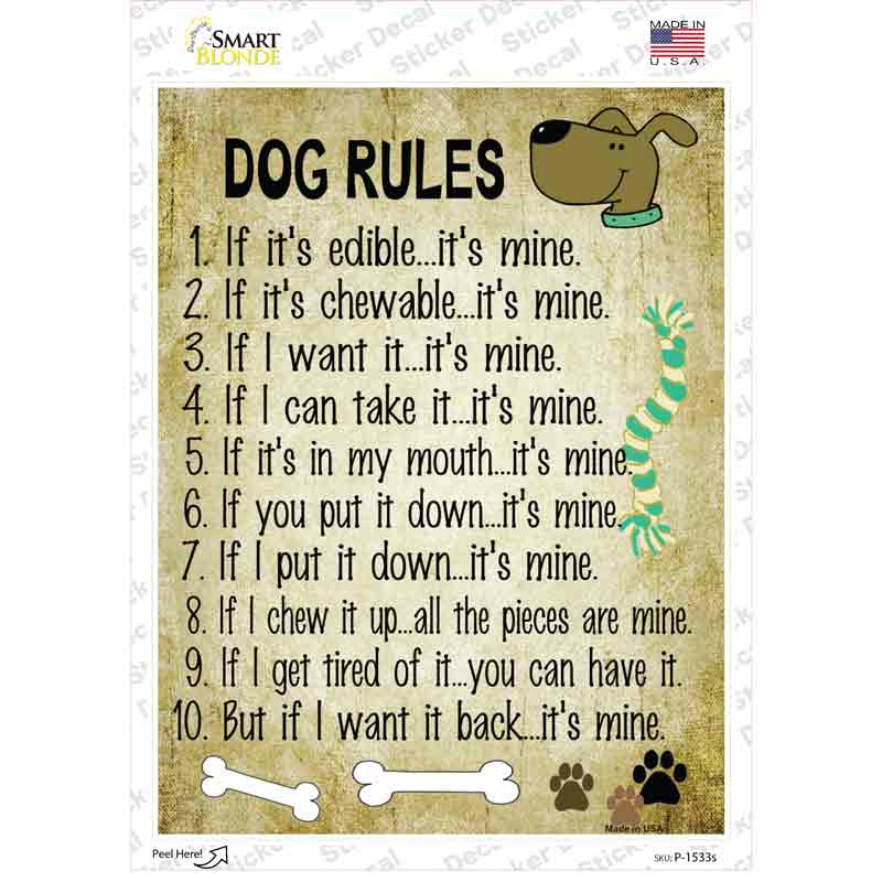 Dog Rules Novelty Rectangle Sticker Decal