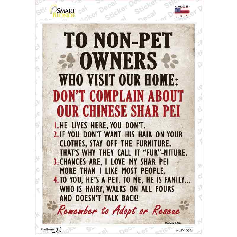 Non-Pet Owners Chinese Shar Pei Novelty Rectangle Sticker Decal
