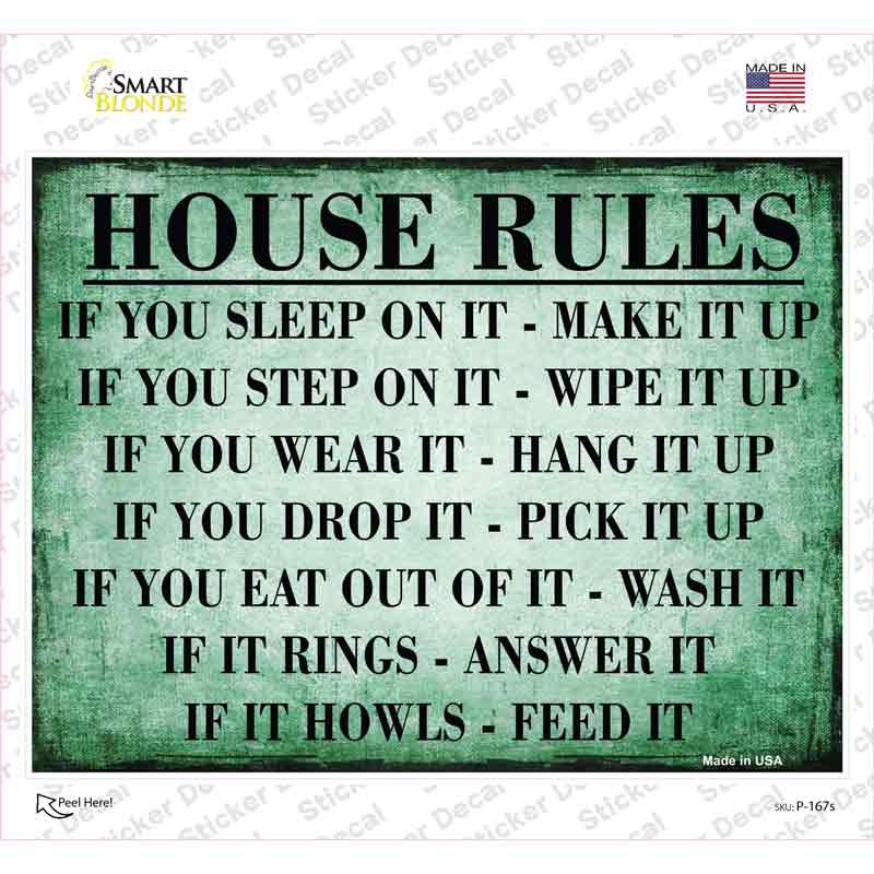 House Rules Green Distressed Novelty Rectangle Sticker Decal
