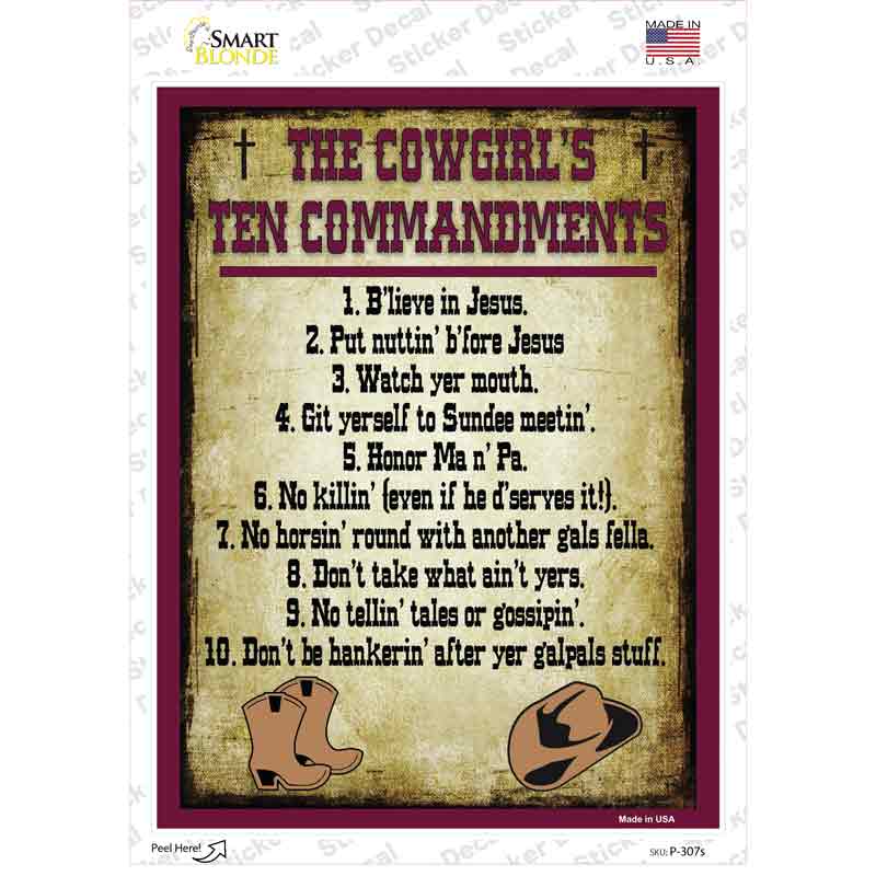 Cowgirls Ten Commandments Vertical Novelty Rectangle Sticker Decal