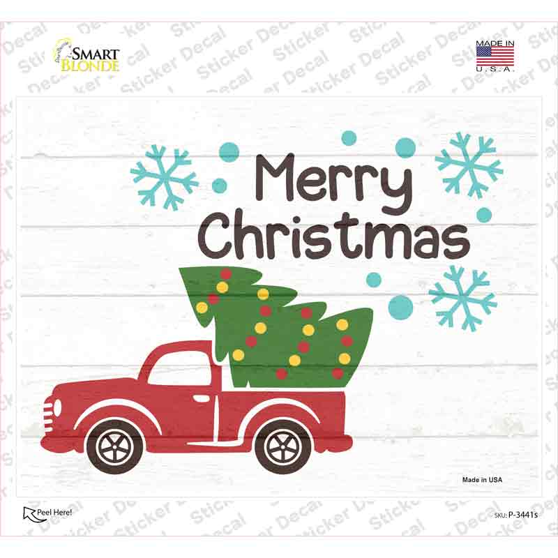 Merry Christmas Truck and Tree Novelty Rectangle Sticker Decal