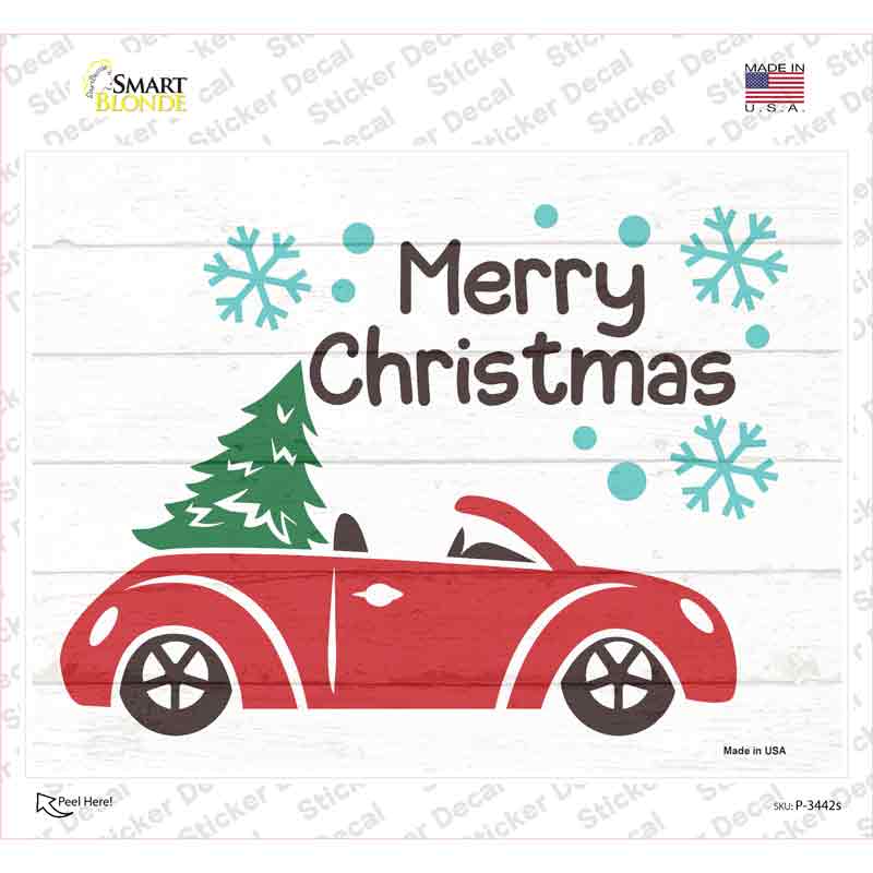 Merry Christmas Car Hauling Tree Novelty Rectangle Sticker Decal