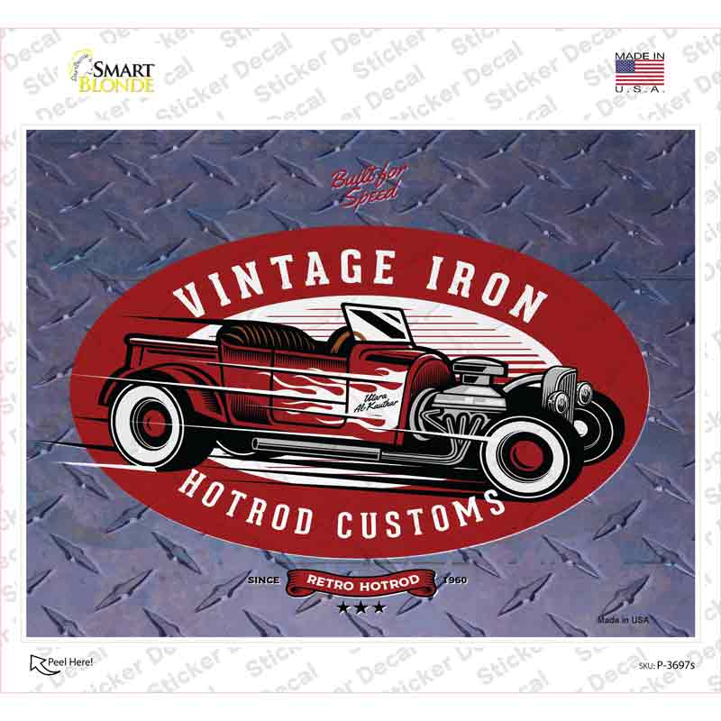 Vintage Iron Red Hotrod Novelty Rectangle Sticker Decal