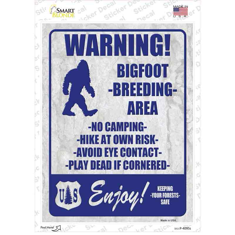 Warning Bigfoot Breading Area Novelty Rectangle Sticker Decal