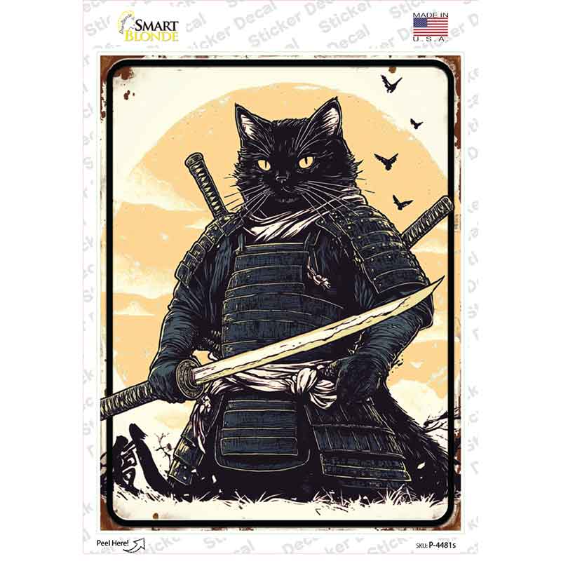 Samurai Cat Novelty Rectangle Sticker Decal P-4481s