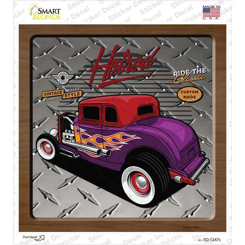 Purple Flames Hotrod Novelty Square Sticker Decal