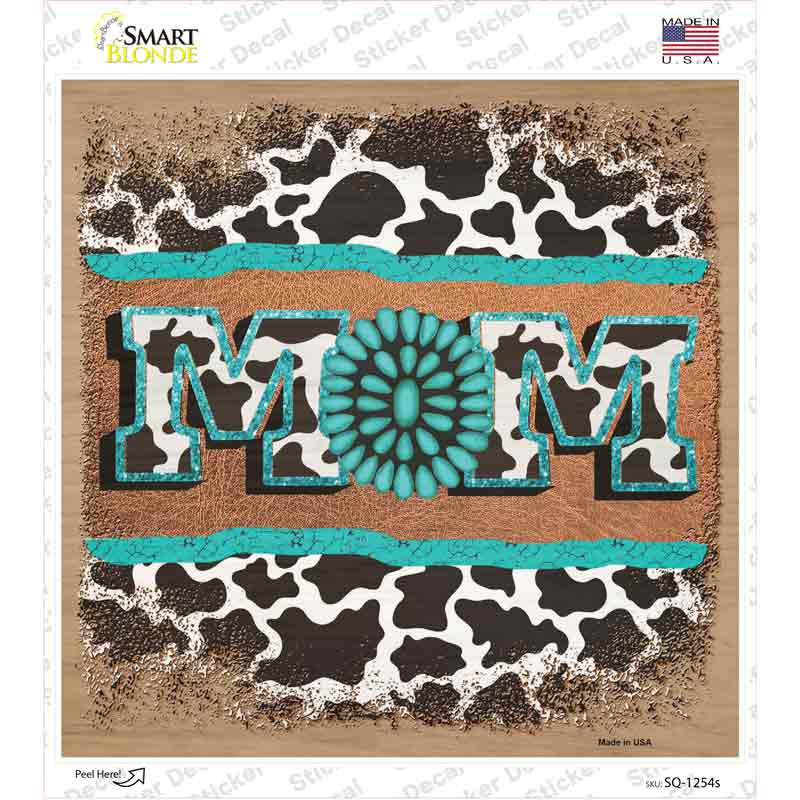 Mom Turquoise Cow Print Novelty Square Sticker Decal