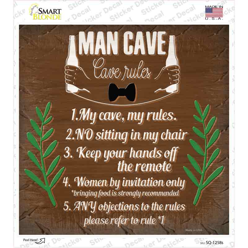 Man Cave 5 Rules Novelty Square Sticker Decal