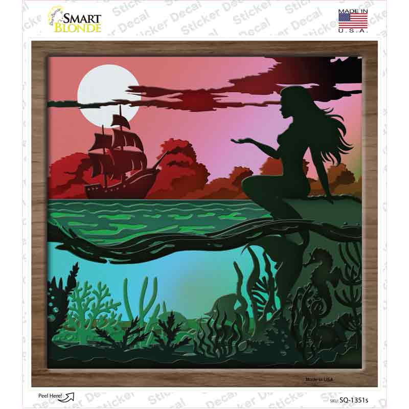 Mermaid and Ship Shadow Box Novelty Square Sticker Decal