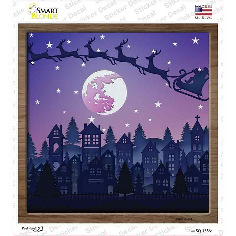Santa Over Town Shadow Box Novelty Square Sticker Decal