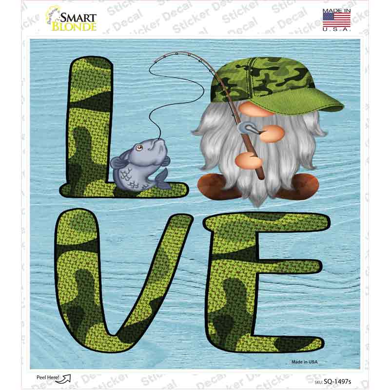 Camo Love Fishing Gnome Novelty Square Sticker Decal