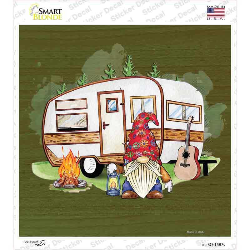Camping Gnome Novelty Square Sticker Decal