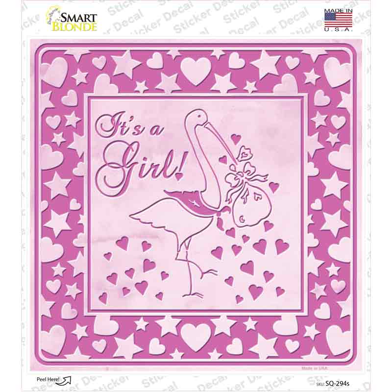 Its A Girl With Stork Novelty Square Sticker Decal