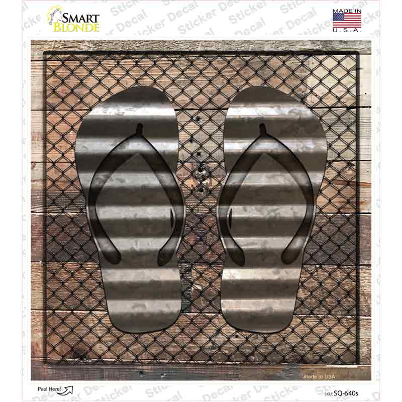 Corrugated Flip Flops on Wood Novelty Square Sticker Decal