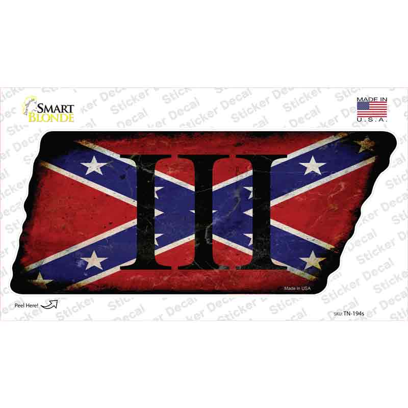 Confederate Three Percenter Novelty Rusty Tennessee Shape Sticker Decal