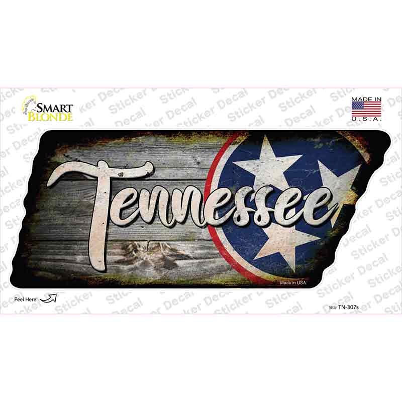 Tennessee Tri Star on Wood Novelty Rusty Effect Tennessee Shape Sticker Decal