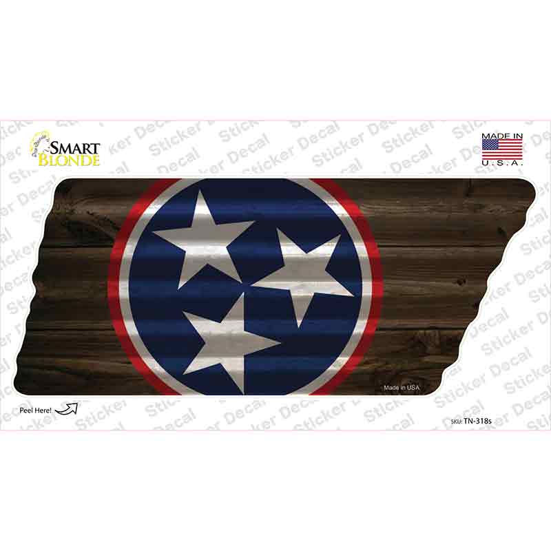 Blue Tri Star Dark Wood Novelty Corrugated Effect Tennessee Shape Sticker Decal